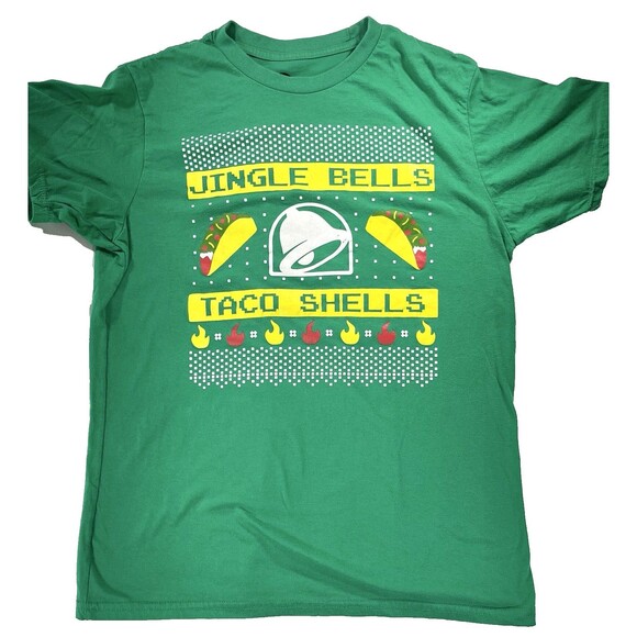 "Jingle Bells Taco Shells" Taco Bell Men's Green Christmas T-Shirt Size Large - Picture 1 of 10
